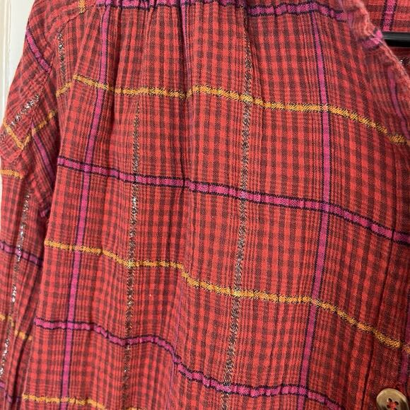 Free People XS Plaid Button Down Shirt Western Boho Grunge Top Gauzy Cotton - Picture 2 of 10